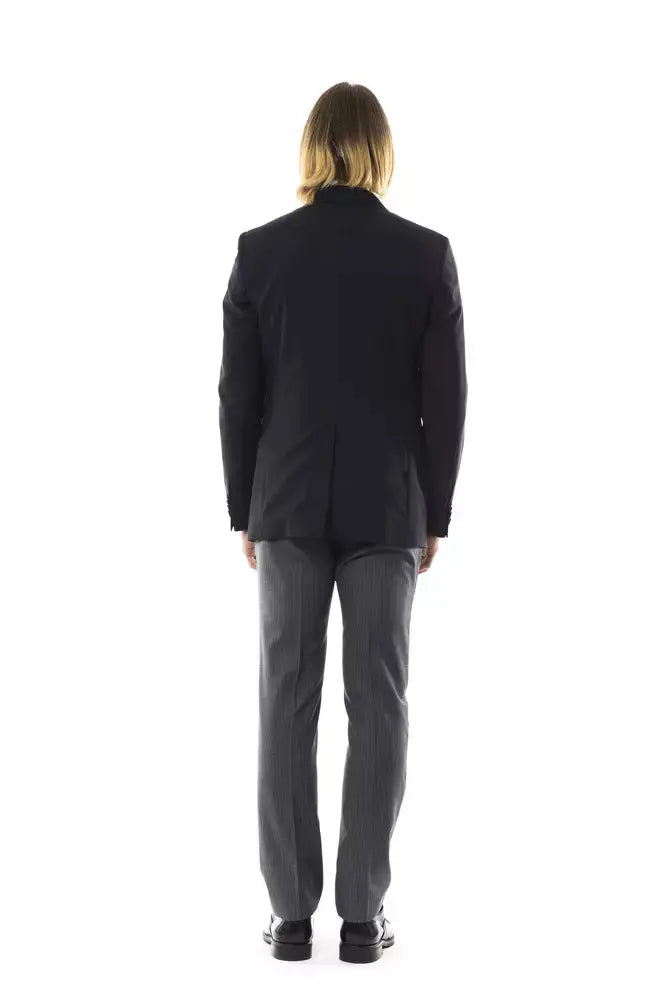 Black wool men's blazer with notch lapels, single-breasted button closure, and front flap pockets.