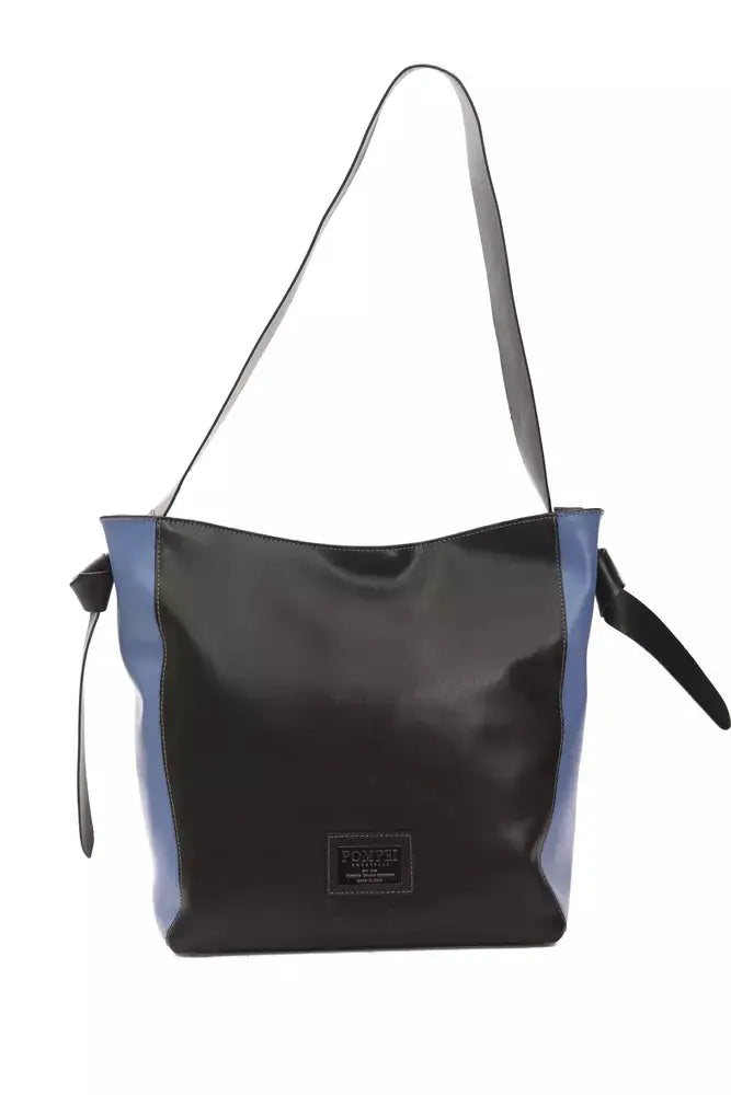 Black leather shoulder bag with blue side panels and adjustable strap.