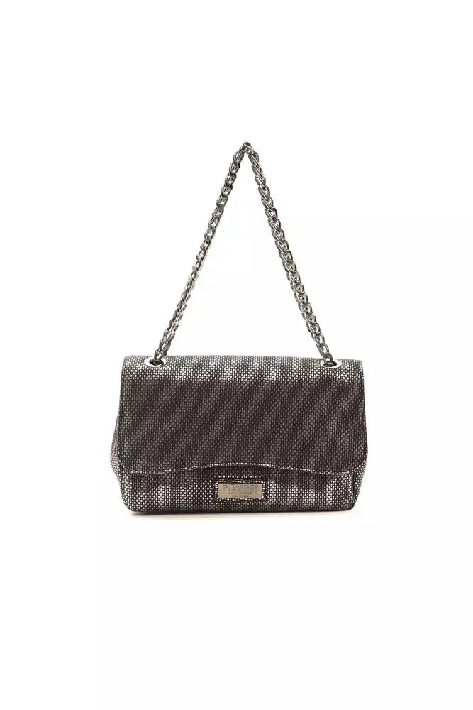 Gray leather crossbody bag with chain strap and front flap closure.