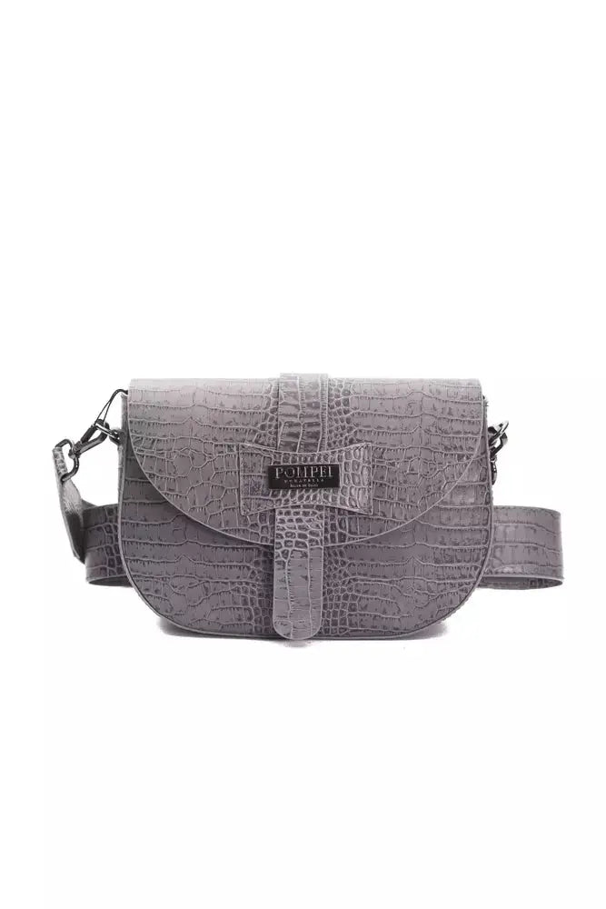 Gray textured leather crossbody bag with a front flap and adjustable strap.