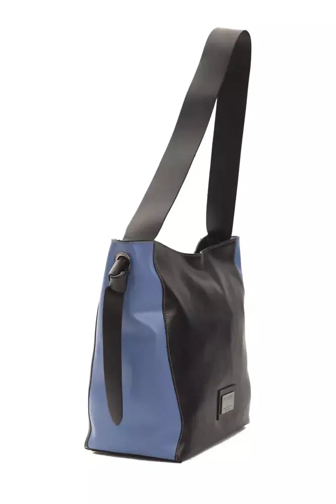 Black leather shoulder bag with blue side panels and adjustable strap.