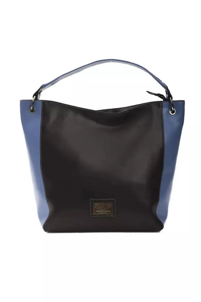 Black leather shoulder bag with navy side panels and top handle, gold-tone logo plaque.