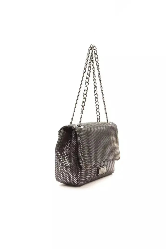 Gray leather crossbody bag with chain strap and front flap closure.