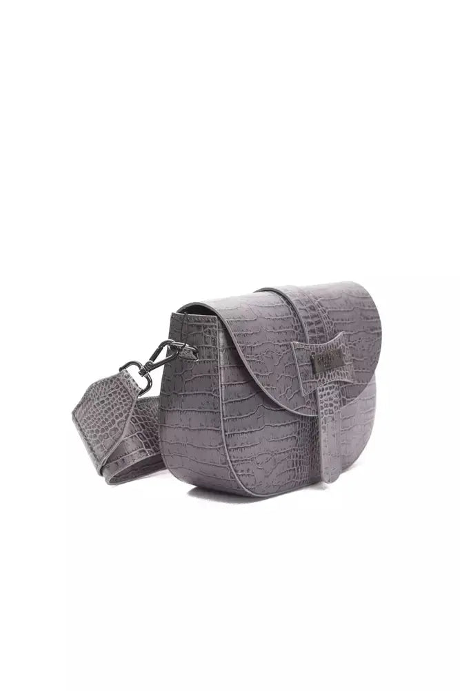 Gray textured leather crossbody bag with a front flap and adjustable strap.