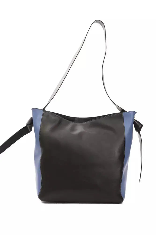 Black leather shoulder bag with blue side panels and adjustable strap.