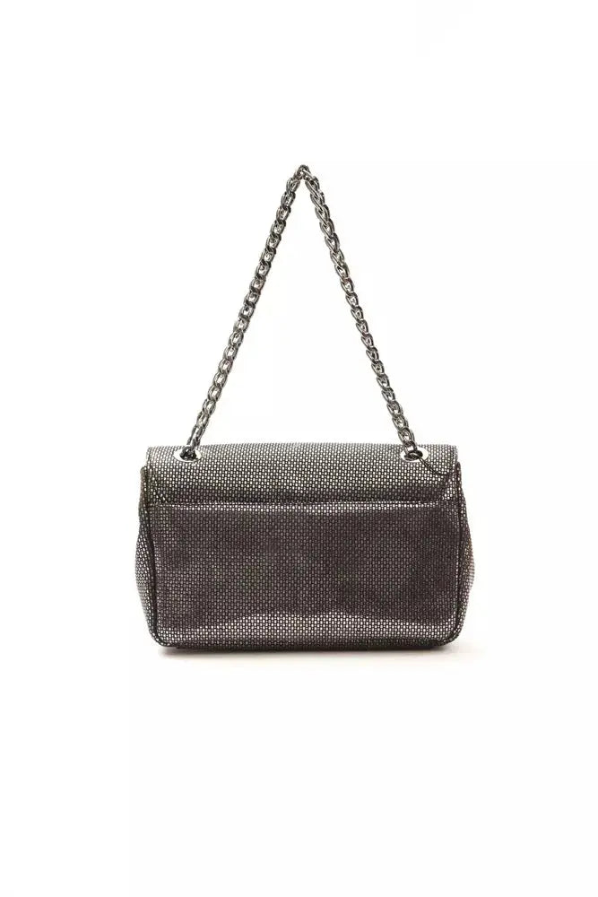Gray leather crossbody bag with chain strap and front flap closure.