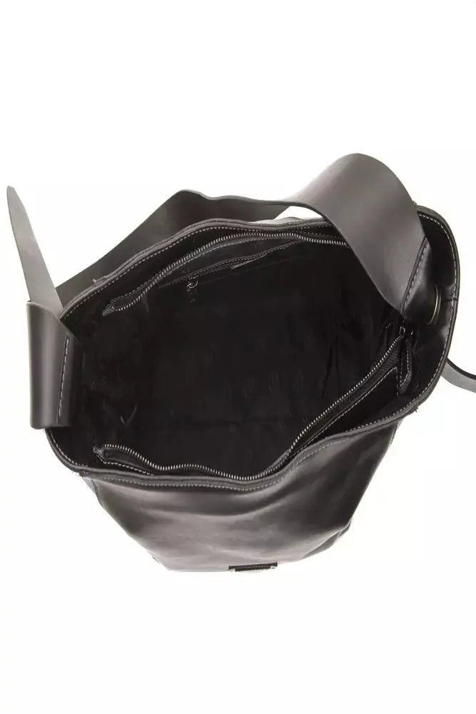 Black leather shoulder bag with blue side panels and adjustable strap.