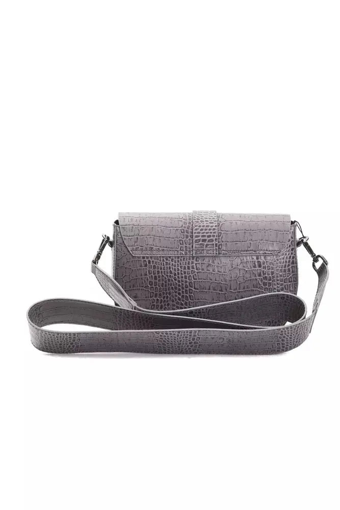 Gray textured leather crossbody bag with a front flap and adjustable strap.