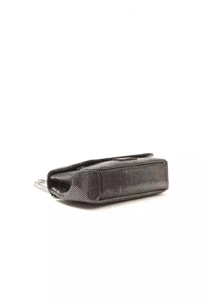 Gray leather crossbody bag with chain strap and front flap closure.