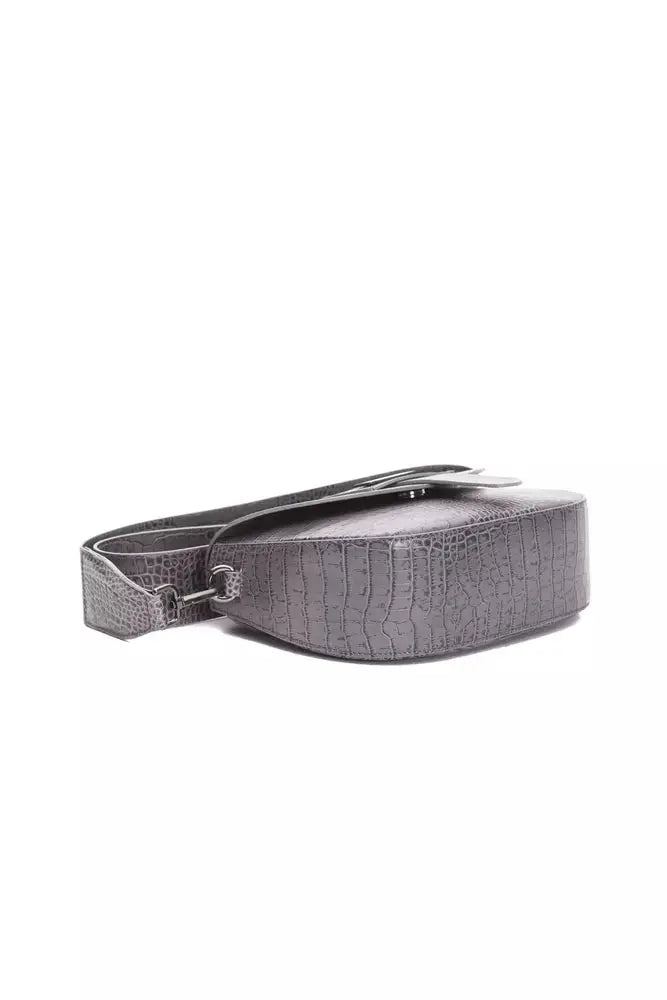 Gray textured leather crossbody bag with a front flap and adjustable strap.