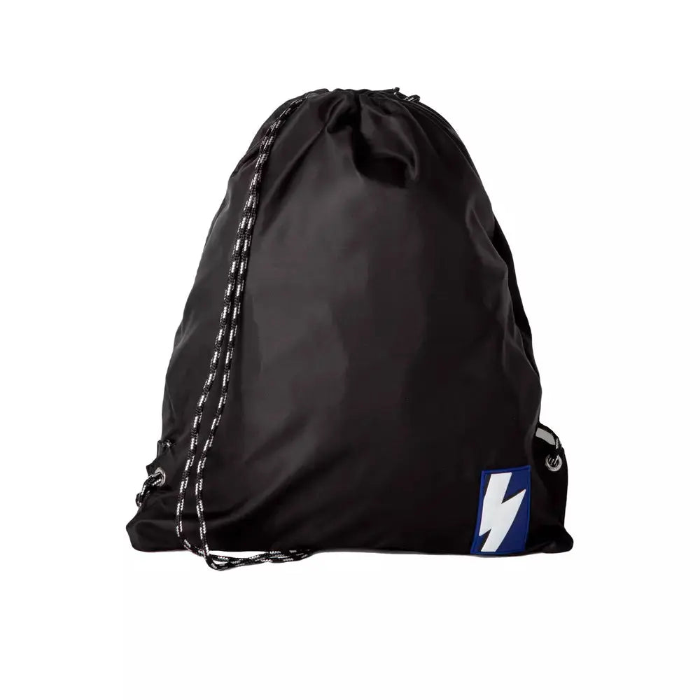 Black nylon drawstring backpack with white lightning bolt patch and striped drawcords.
