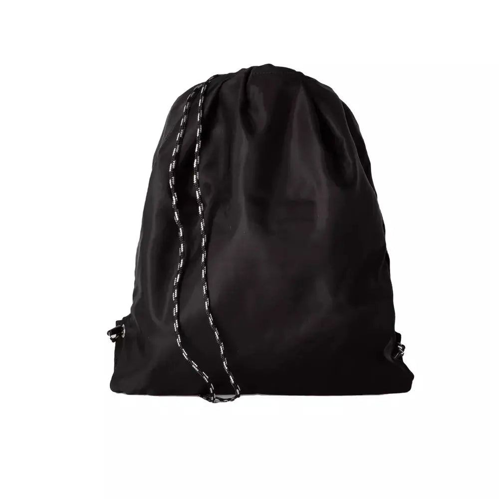 Black nylon drawstring backpack with white lightning bolt patch and striped drawcords.