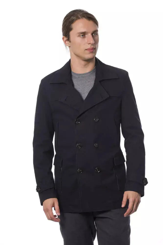 Men's navy blue double-breasted cotton blazer with notch lapels and front flap pockets.