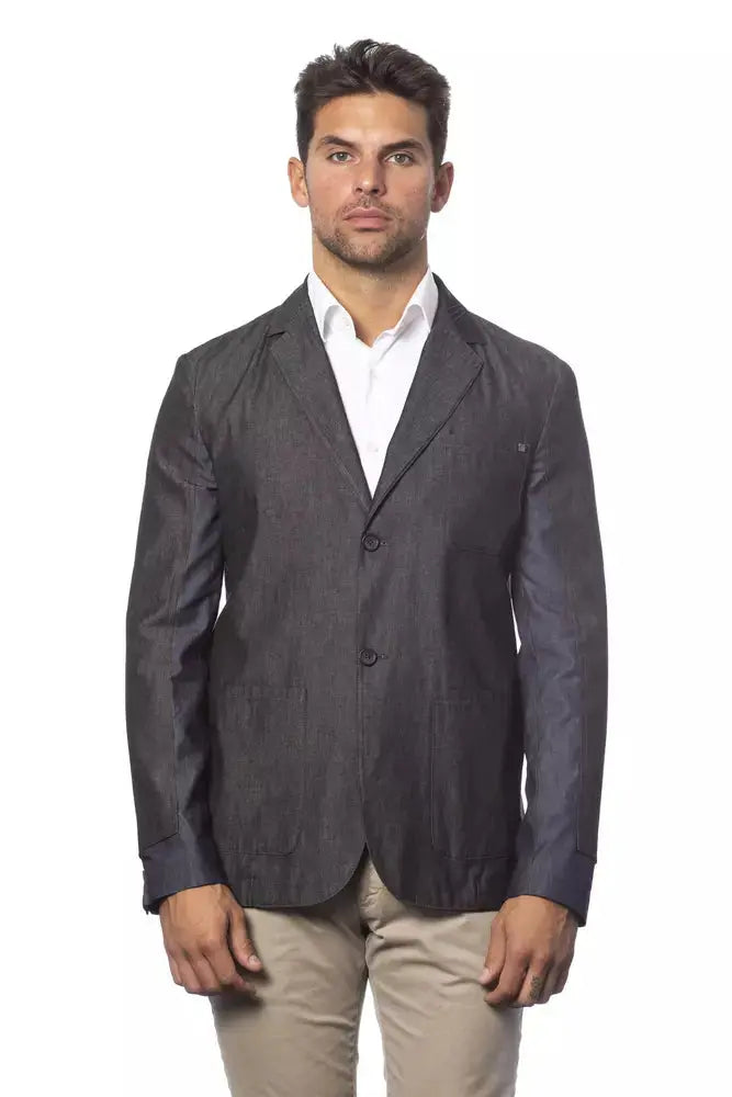 Gray single-breasted cotton men's blazer with notch lapels and two front pockets.