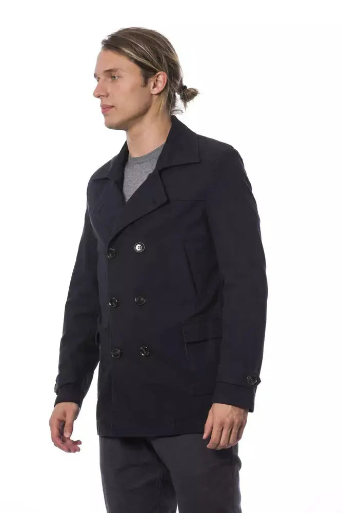 Men's navy blue double-breasted cotton blazer with notch lapels and front flap pockets.