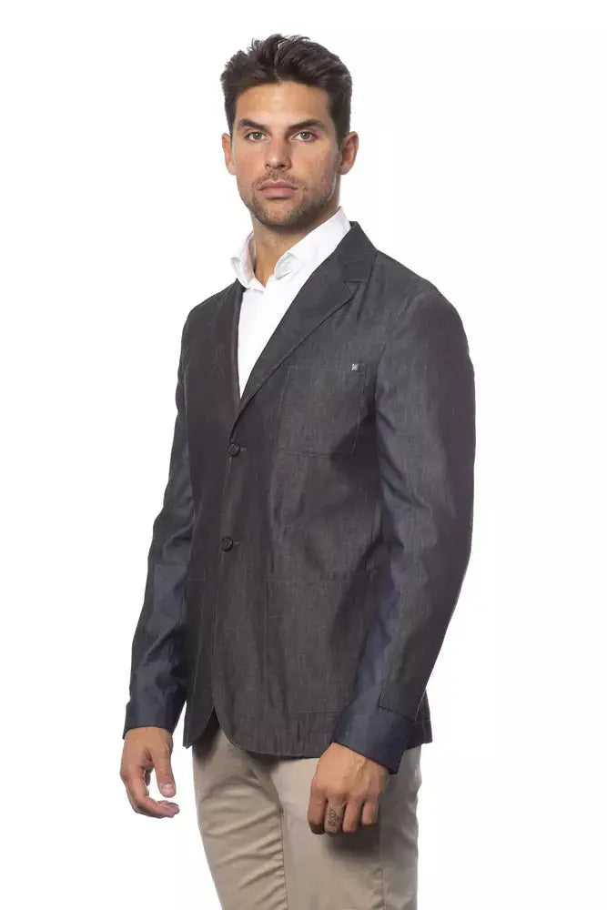 Gray single-breasted cotton men's blazer with notch lapels and two front pockets.