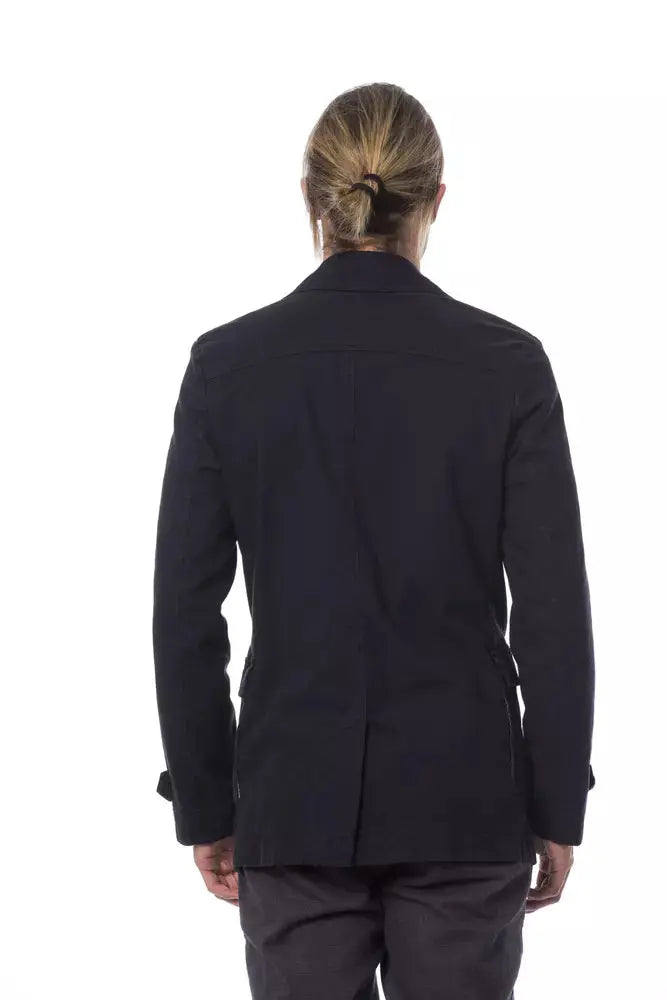Men's navy blue double-breasted cotton blazer with notch lapels and front flap pockets.