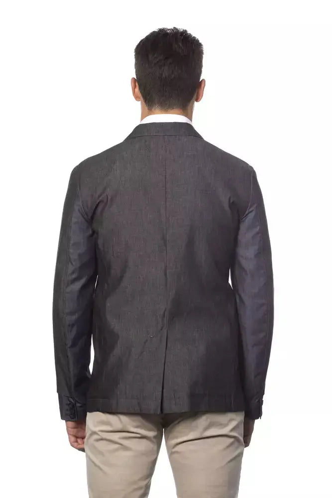 Gray single-breasted cotton men's blazer with notch lapels and two front pockets.