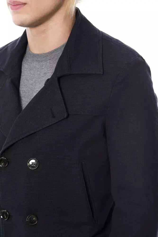 Men's navy blue double-breasted cotton blazer with notch lapels and front flap pockets.