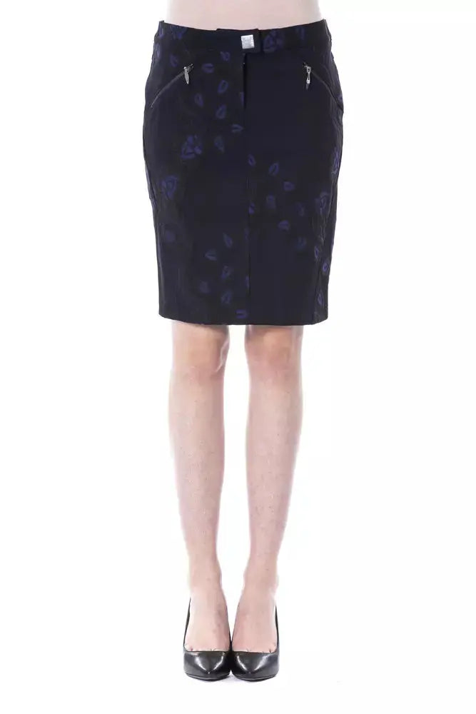 Blue cotton mini skirt with subtle floral pattern and front pockets.