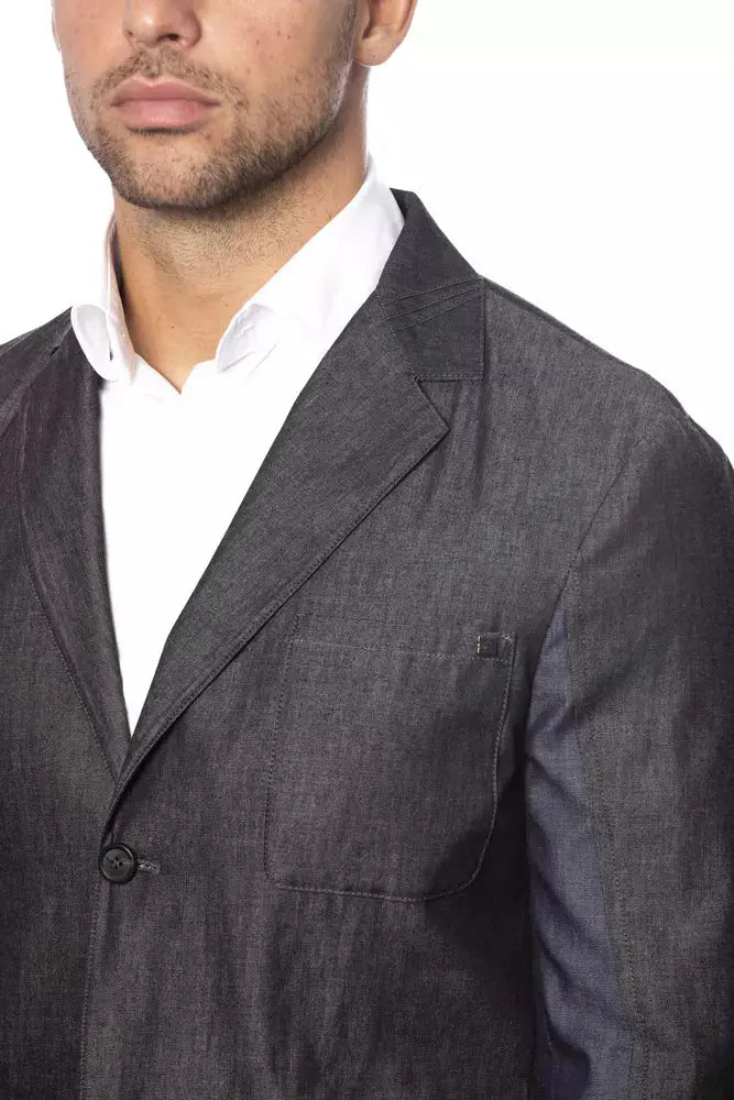 Gray single-breasted cotton men's blazer with notch lapels and two front pockets.