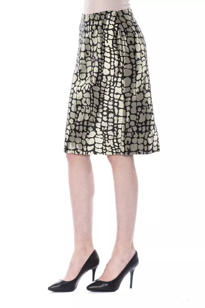 Gold midi skirt with irregular shiny metallic pattern, fitted style, high waist.