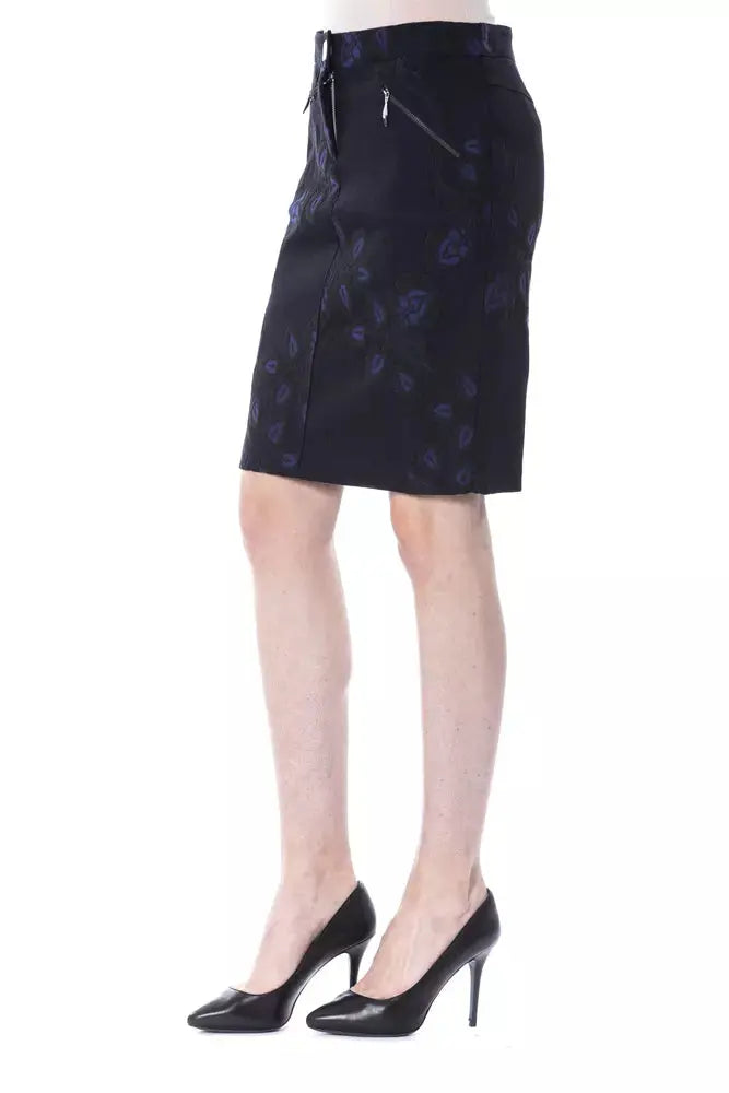 Blue cotton mini skirt with subtle floral pattern and front pockets.
