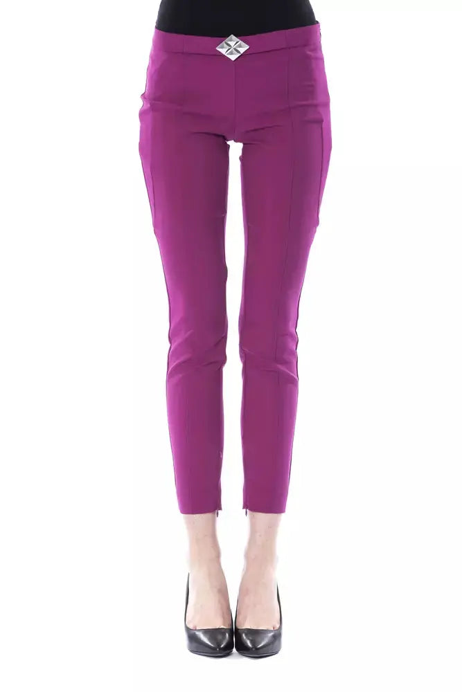 Slim-fit purple polyester women’s pants with mid-rise waist and ankle length.