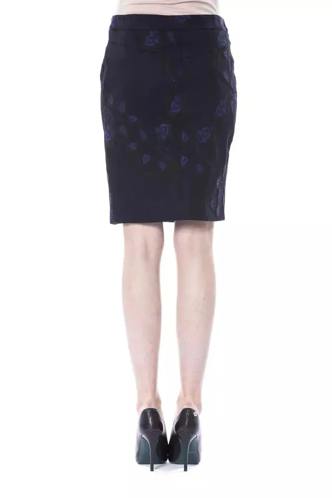 Blue cotton mini skirt with subtle floral pattern and front pockets.