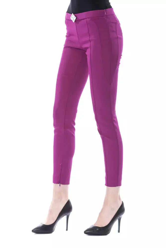 Slim-fit purple polyester women’s pants with mid-rise waist and ankle length.