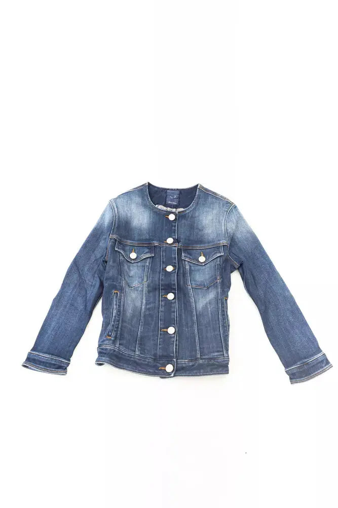 Blue cotton women's jacket with button front and chest pockets in denim style.