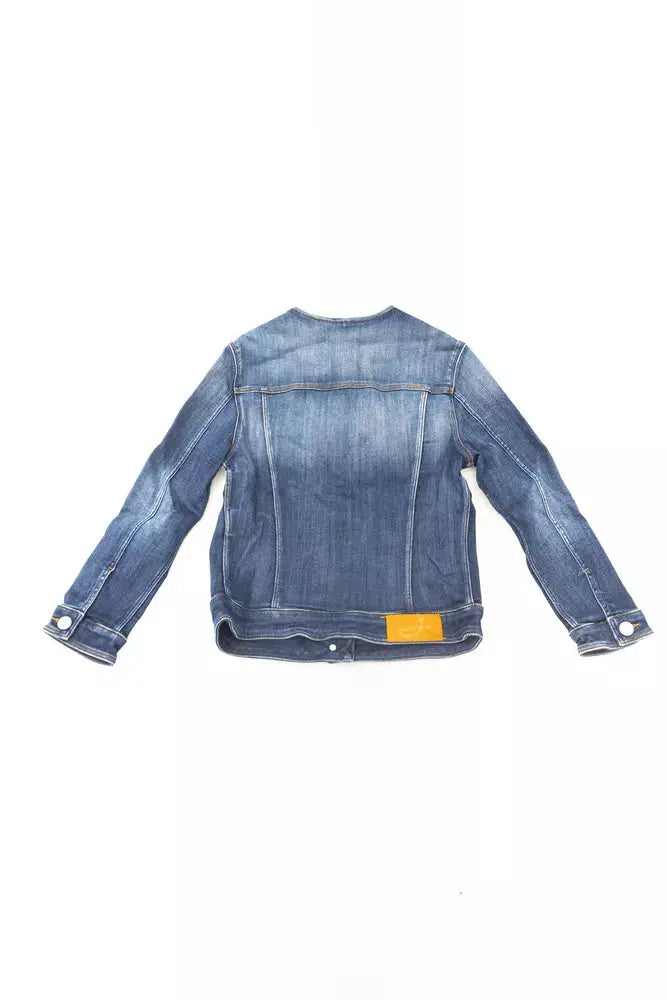 Blue cotton women's jacket with button front and chest pockets in denim style.