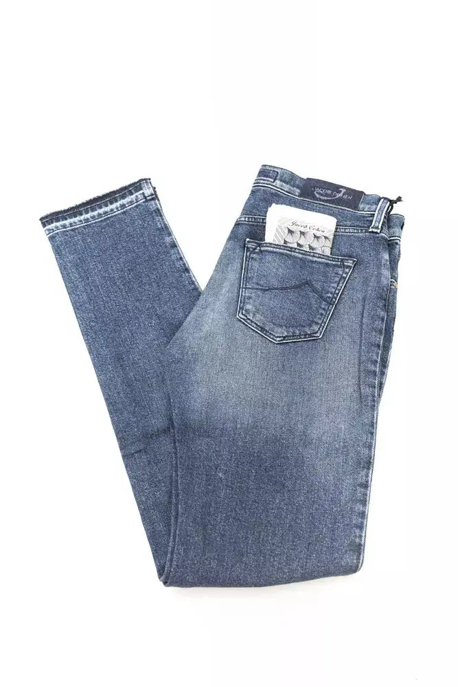 Folded blue slim fit cotton jeans with back pocket and white label on the waistband.