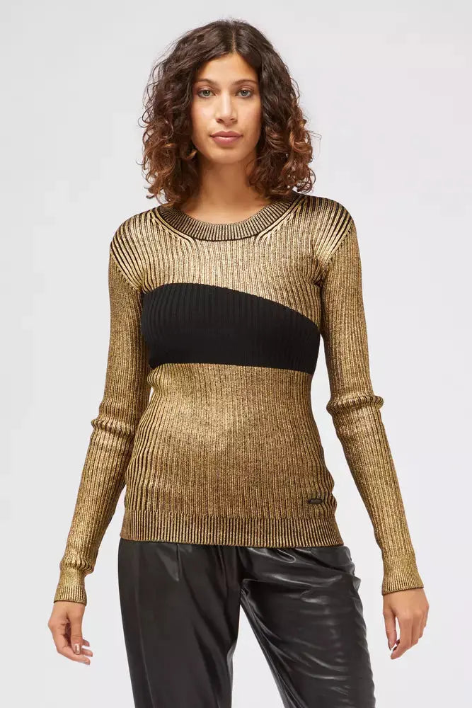 Gold metallic knit sweater with black horizontal stripe and long sleeves.