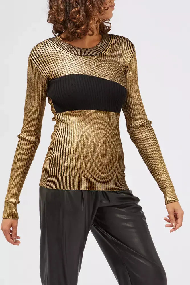 Gold metallic knit sweater with black horizontal stripe and long sleeves.