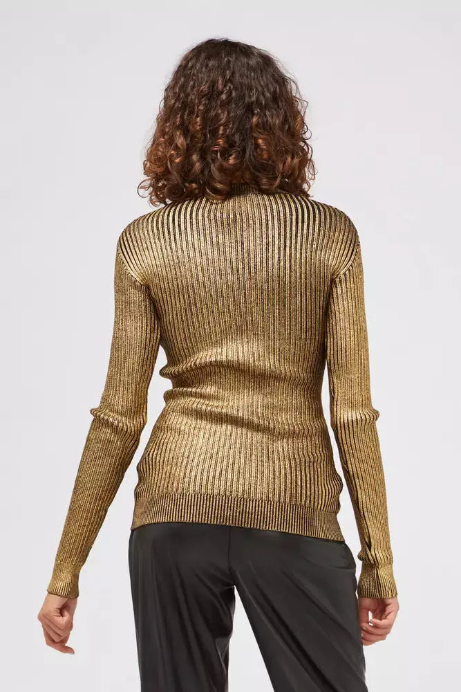 Gold metallic knit sweater with black horizontal stripe and long sleeves.