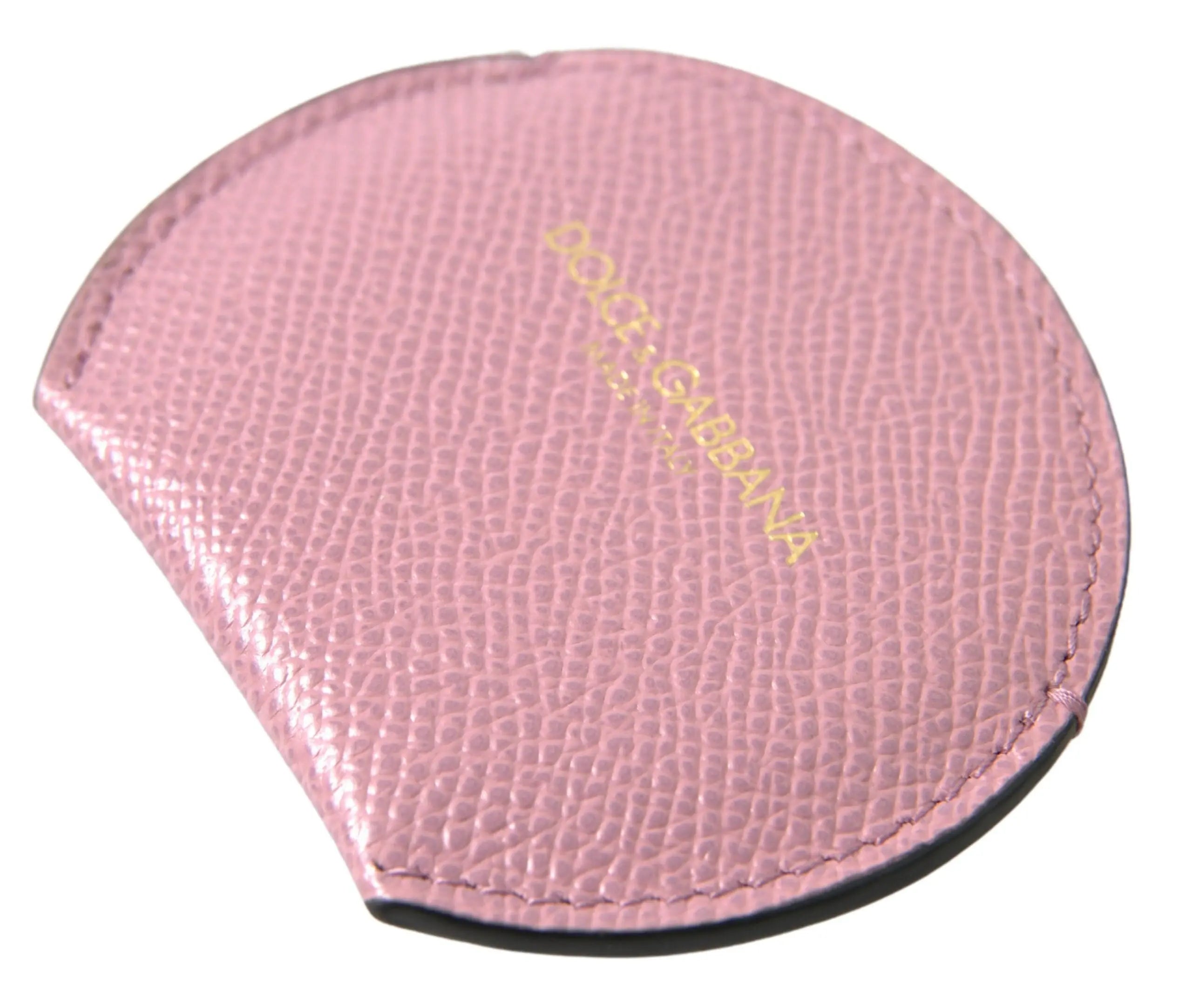 Pink Calfskin Leather Round Logo Print Hand Mirror Holder Dolce & Gabbana