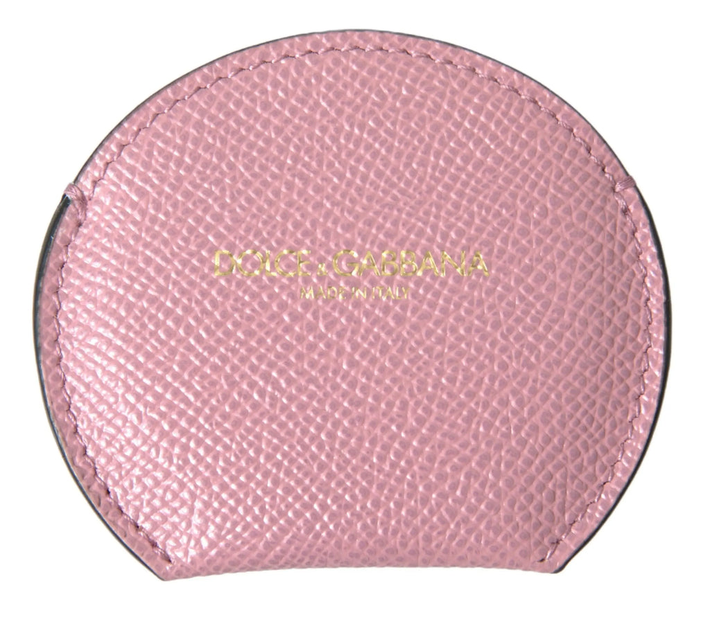 Pink Calfskin Leather Round Logo Print Hand Mirror Holder Dolce & Gabbana