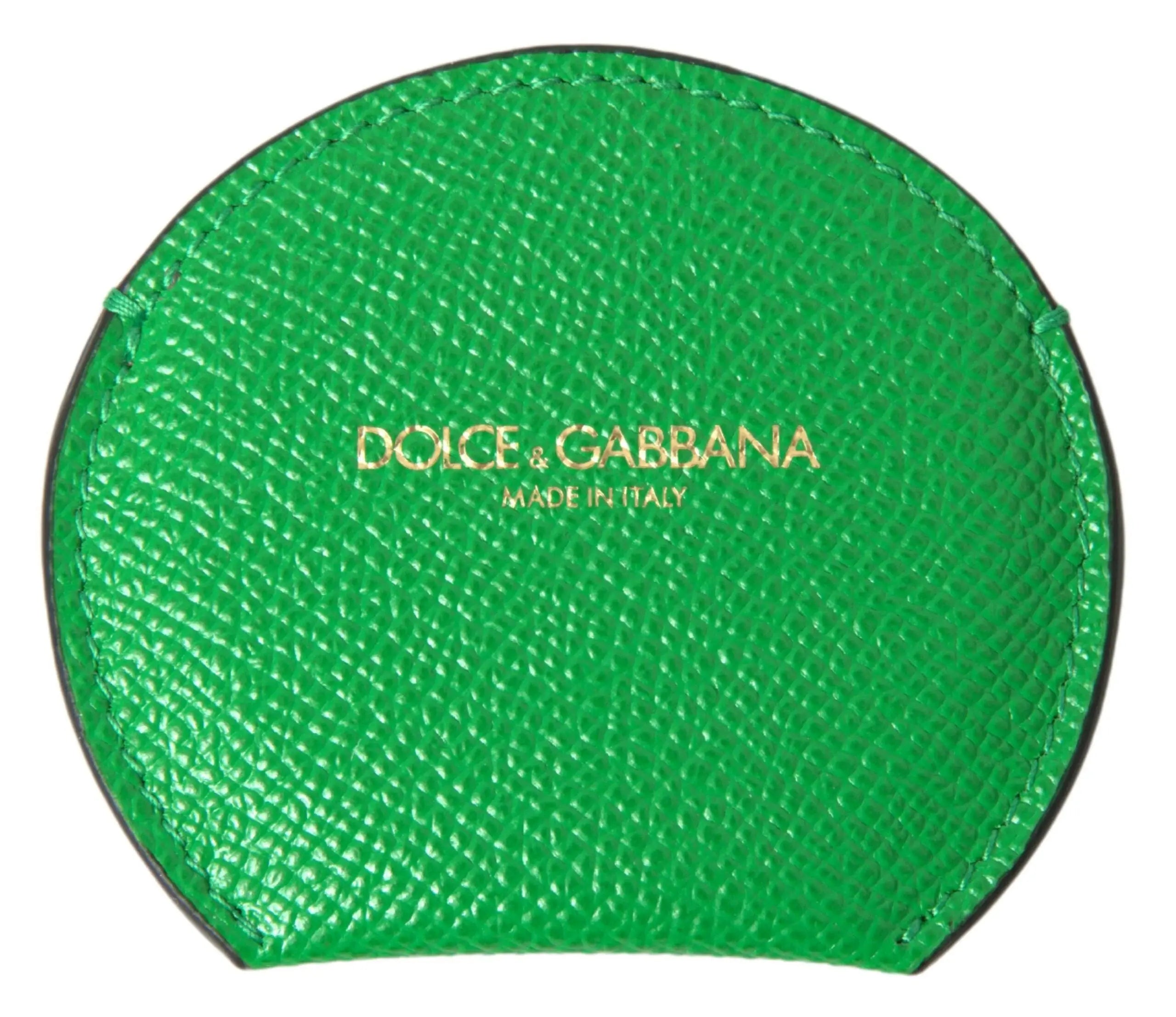 Green Calfskin Leather Round Logo Hand Mirror Holder Dolce & Gabbana