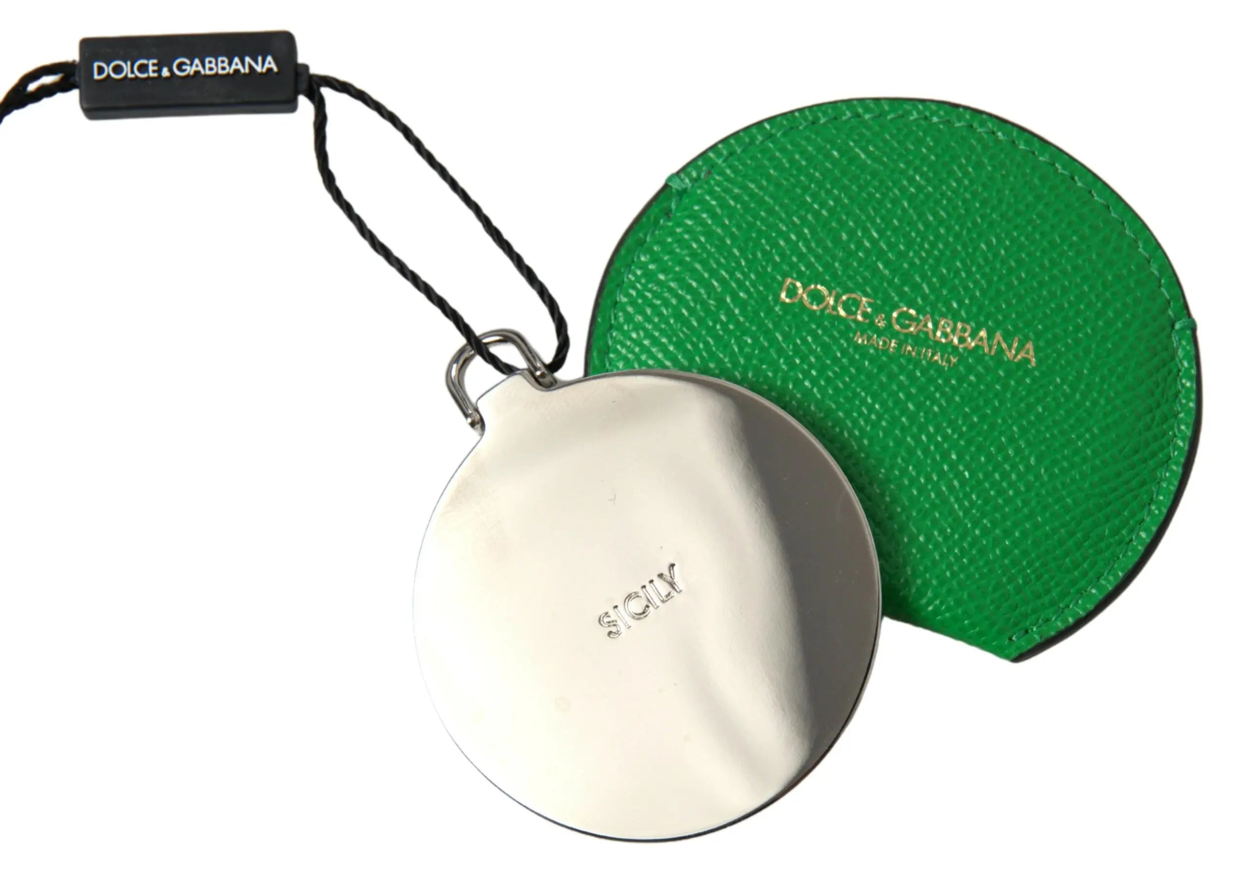 Green Calfskin Leather Round Logo Hand Mirror Holder Dolce & Gabbana