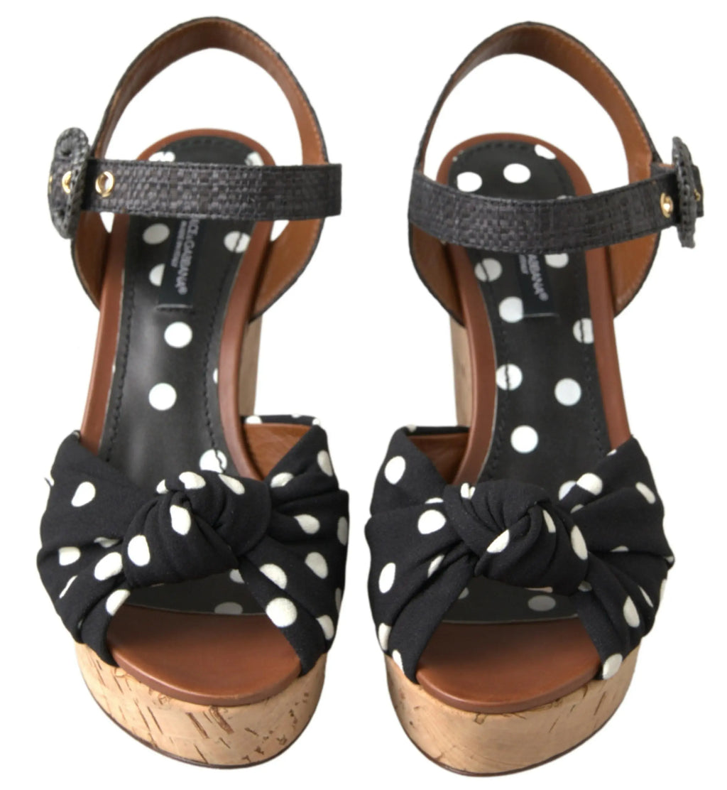 Black  Wedges Polka Dotted Ankle Strap Shoes Sandals Dolce & Gabbana