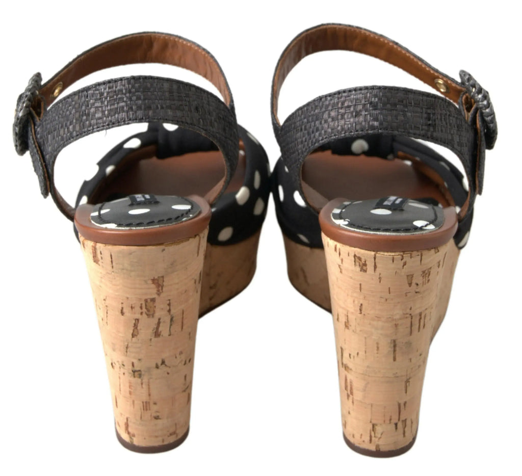 Black  Wedges Polka Dotted Ankle Strap Shoes Sandals Dolce & Gabbana