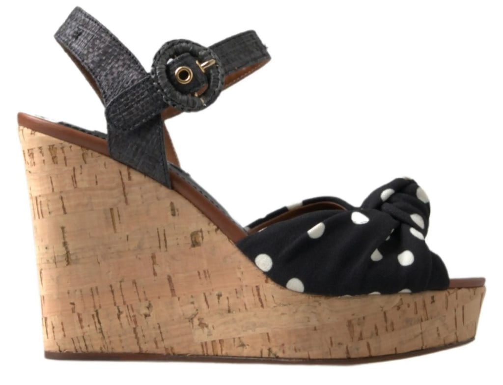 Black  Wedges Polka Dotted Ankle Strap Shoes Sandals Dolce & Gabbana