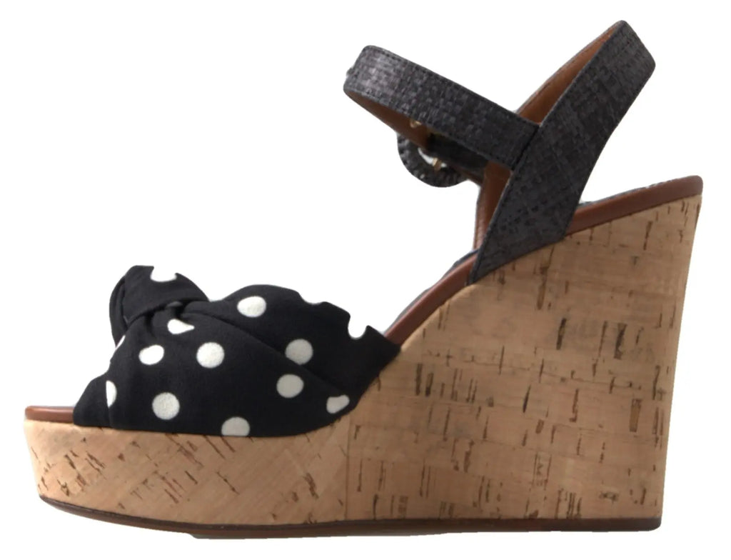 Black  Wedges Polka Dotted Ankle Strap Shoes Sandals Dolce & Gabbana