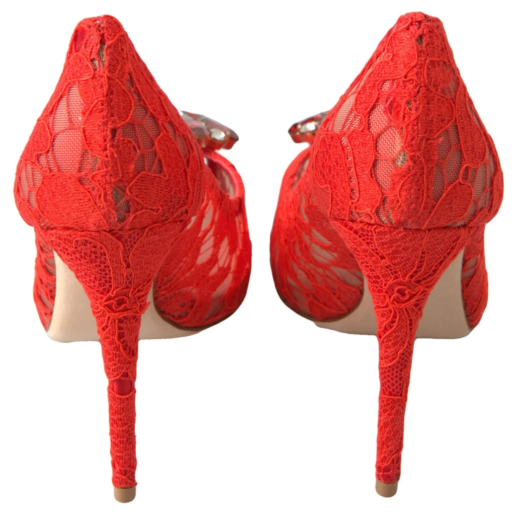 Red Taormina Lace Crystal Heels Pumps Shoes Dolce & Gabbana