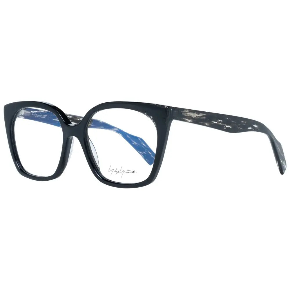 Black glossy oversized square plastic eyeglass frames with subtle marbled arms and clear lenses.