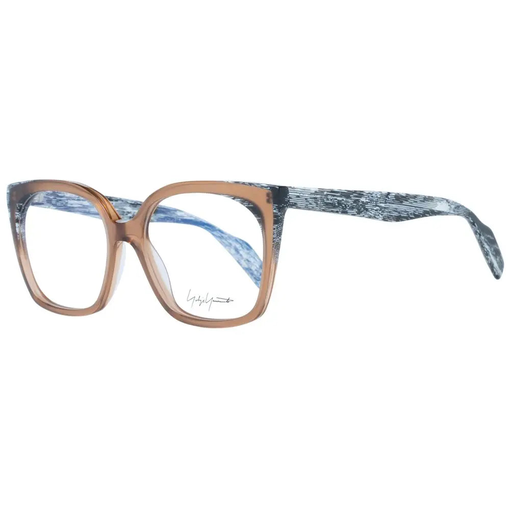 Brown rectangular plastic glasses frames with marbled black and white arms and clear lenses.