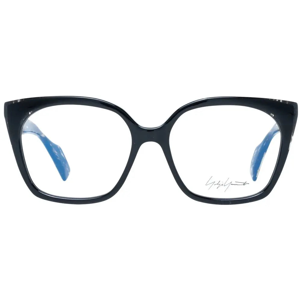Black glossy oversized square plastic eyeglass frames with subtle marbled arms and clear lenses.