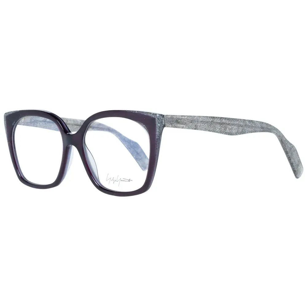 Purple oversized square plastic glasses frames with marbled gray temples and subtle brand engraving on lens.