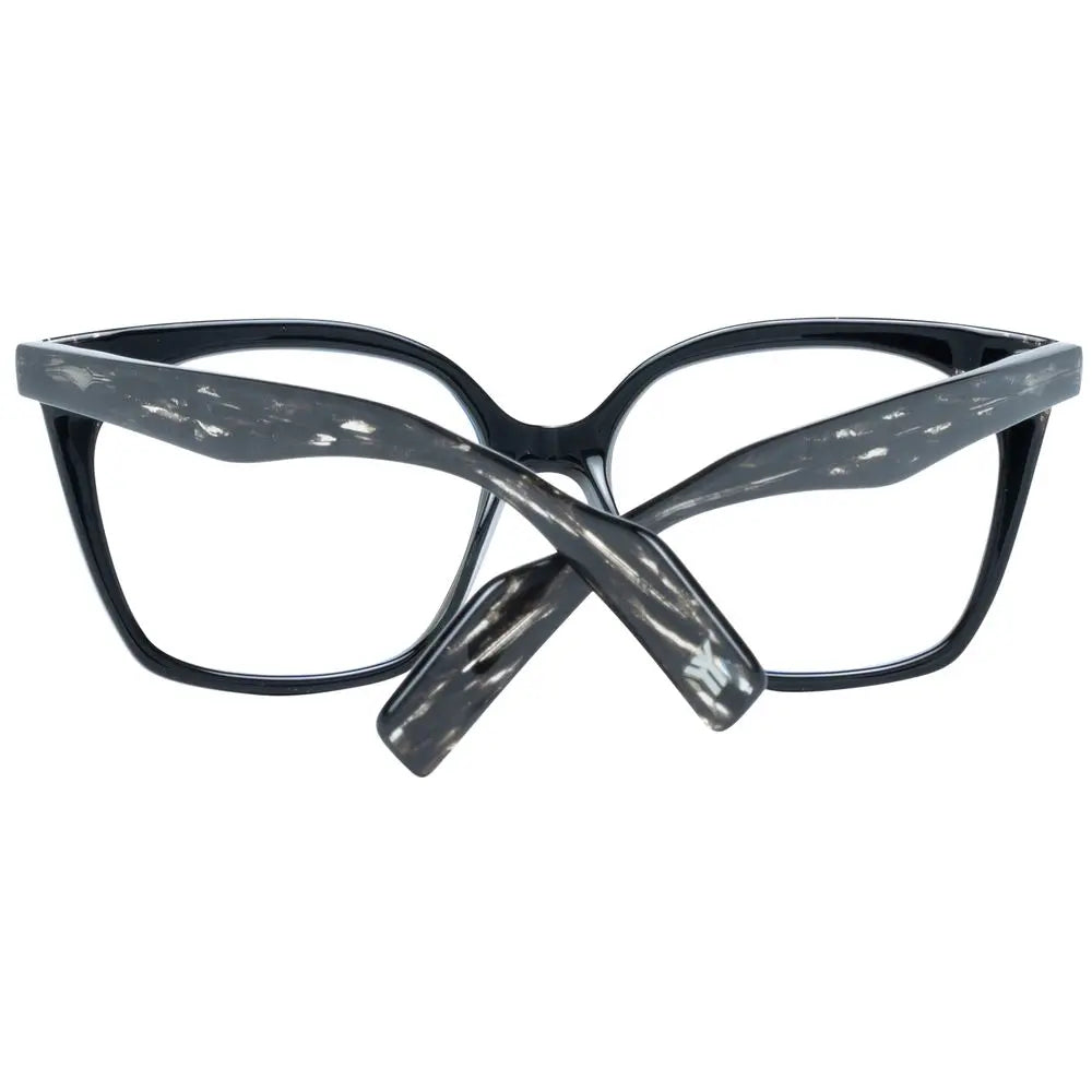 Black glossy oversized square plastic eyeglass frames with subtle marbled arms and clear lenses.